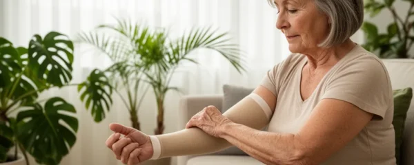 Femme mature ajustant un manchon de compression beige sur son bras gauche dans un salon lumineux