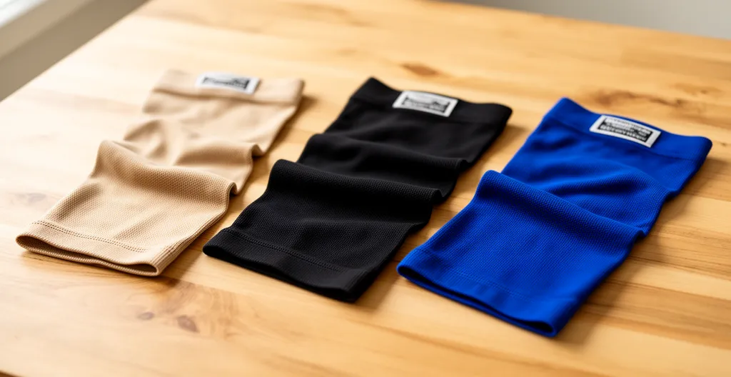 Trois manchons de compression médicale beige, noir et bleu disposés sur une table en bois clair