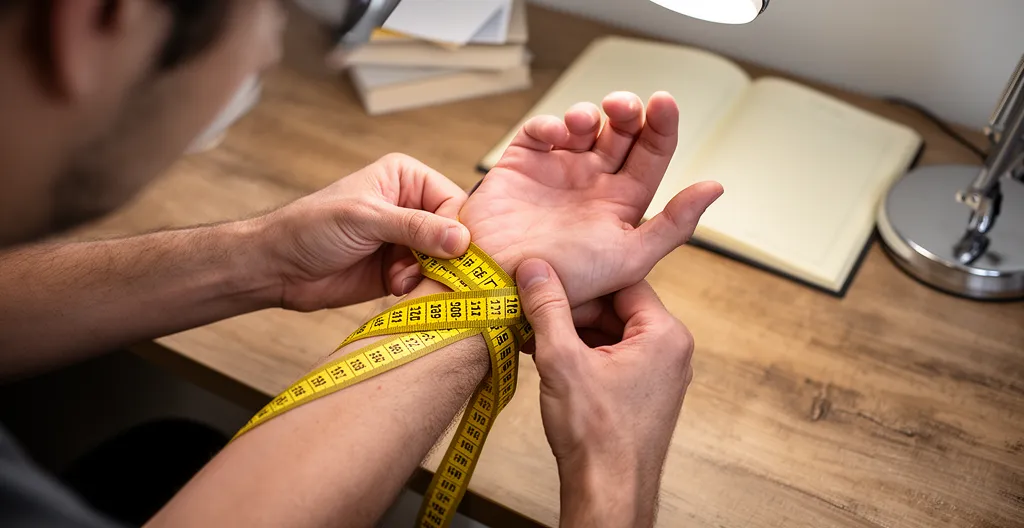Mains mesurant le tour de poignet avec un mètre ruban souple jaune